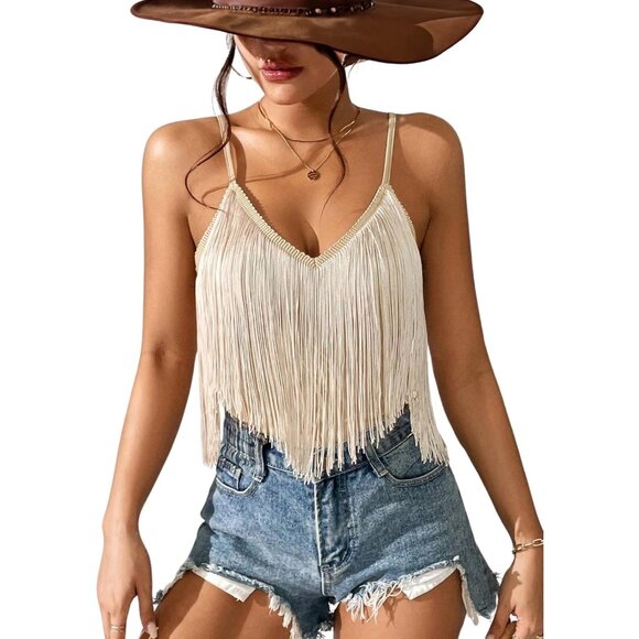Women's Khaki Fringe Tank Top Western Festival Clothing Cowgirl V Neck Outfits - Picture 1 of 6